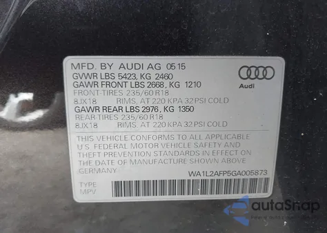 2016 Audi Q5 2.0T Premium z USA, uszkodzony, nr VIN WA1L2AFP5GA005873